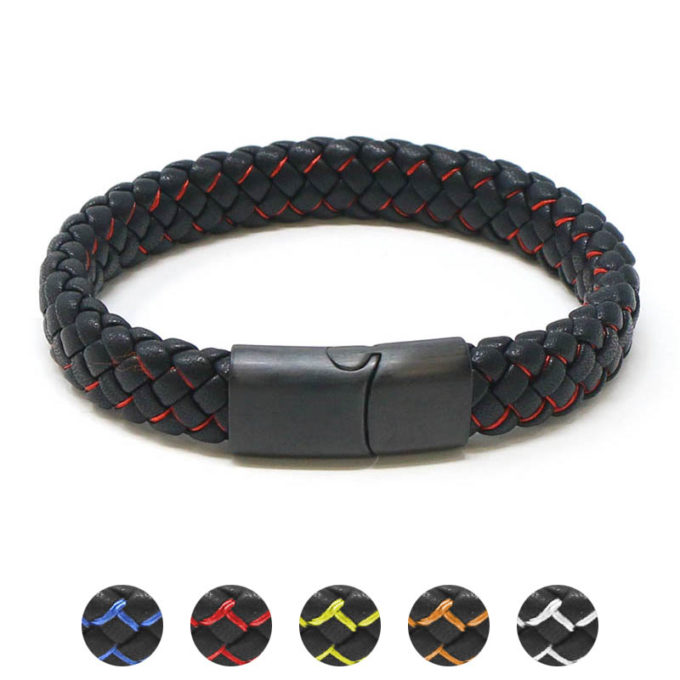 bx14.1.6.mb Gallery Black Red StrapsCo Plaited Two Tone Leather Bracelet with Black Clasp