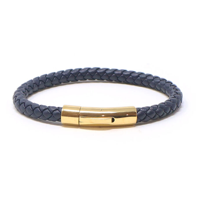 bx3.5.yg Blue Main StrapsCo Leather Bolo Bracelet with Yellow Gold Clasp