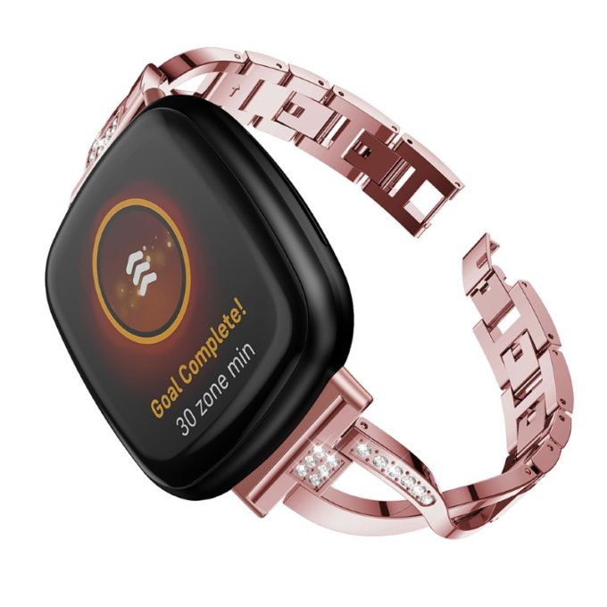 fb.m137.pg Main Pink Gold StrapsCo Metal Alloy and Rhinestone Bracelet with X Links for Fitbit Sense Versa 3