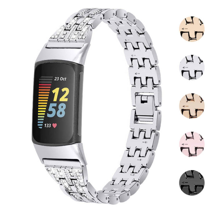 Fb.m154 Gallery (Silver) StrapsCo Rhinestone Bracelet For Fitbit Charge 5 Stainless Steel Metal Strap Band