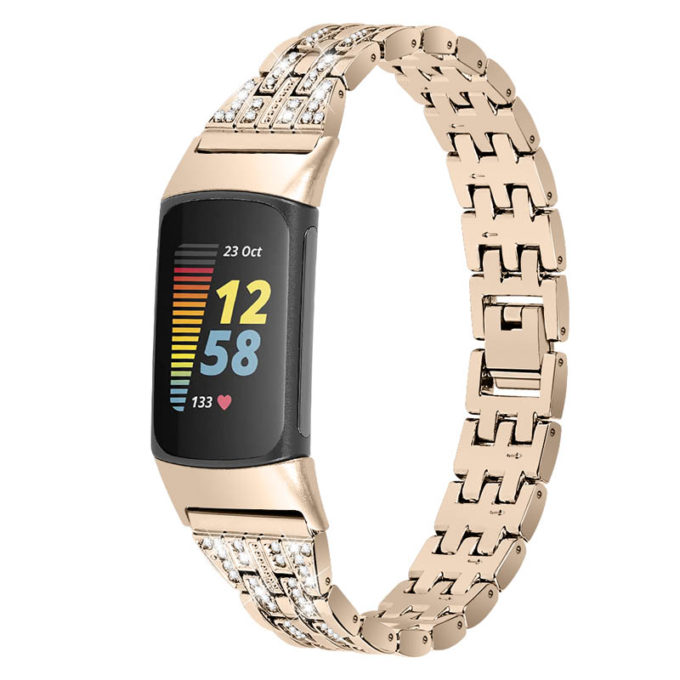 Fb.m154.cg Main Champagne Gold StrapsCo Rhinestone Bracelet For Fitbit Charge 5 Stainless Steel Metal Strap Band