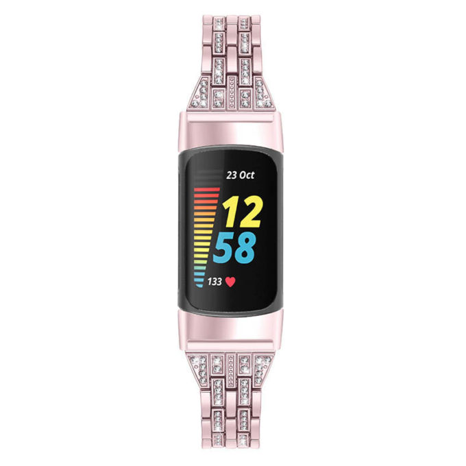 Fb.m154.pg Front Pink StrapsCo Rhinestone Bracelet For Fitbit Charge 5 Stainless Steel Metal Strap Band