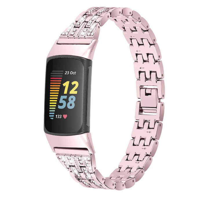 Fb.m154.pg Main Pink StrapsCo Rhinestone Bracelet For Fitbit Charge 5 Stainless Steel Metal Strap Band