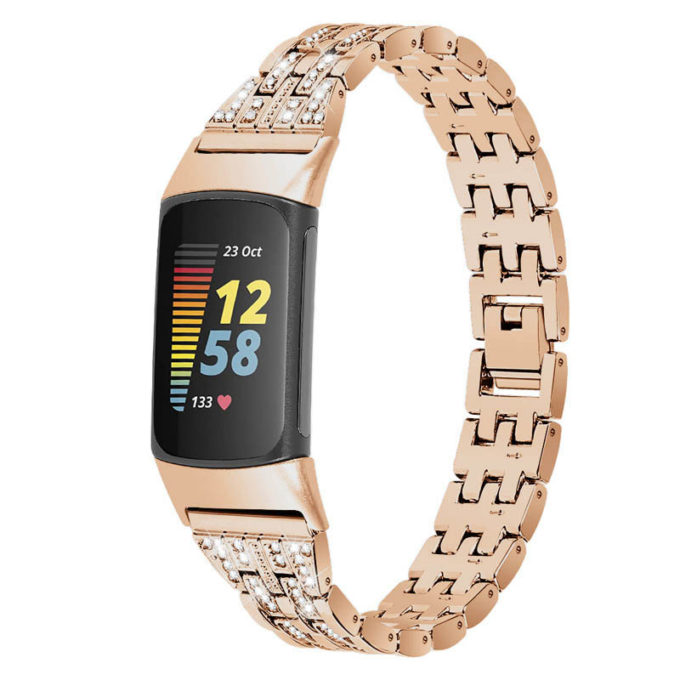 Fb.m154.rg Main Rose Gold StrapsCo Rhinestone Bracelet For Fitbit Charge 5 Stainless Steel Metal Strap Band