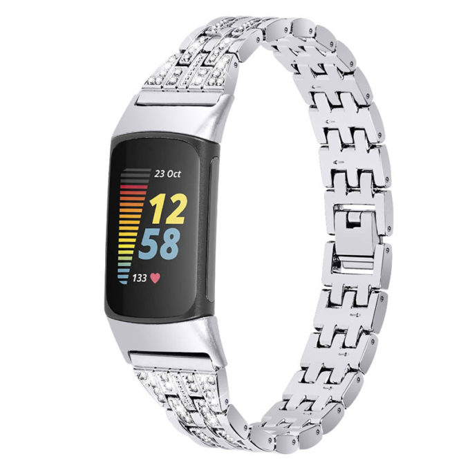 Fb.m154.ss Main Silver StrapsCo Rhinestone Bracelet For Fitbit Charge 5 Stainless Steel Metal Strap Band