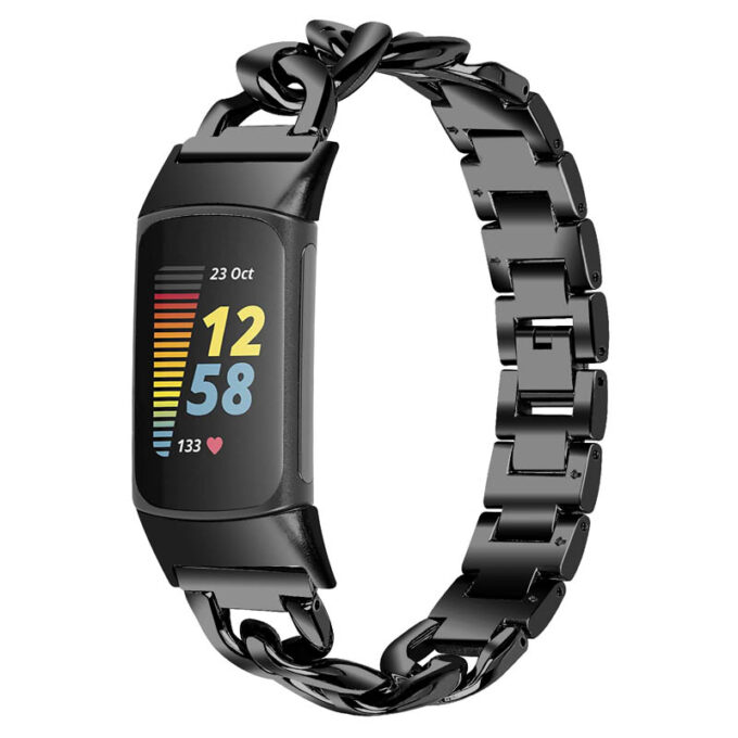 Fb.m156.mb Main Black StrapsCo Cuban Link Bracelet For Fitbit Charge 5 Stainless Steel Metal Band Strap