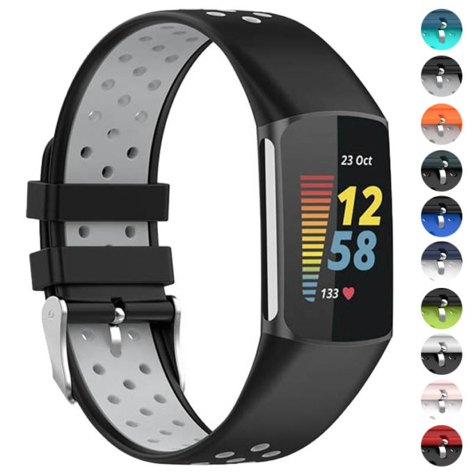 Fb.r75 Gallery (Black & White) StrapsCo Sport Band For Fitbit Charge 5 Silicone Rubber Strap