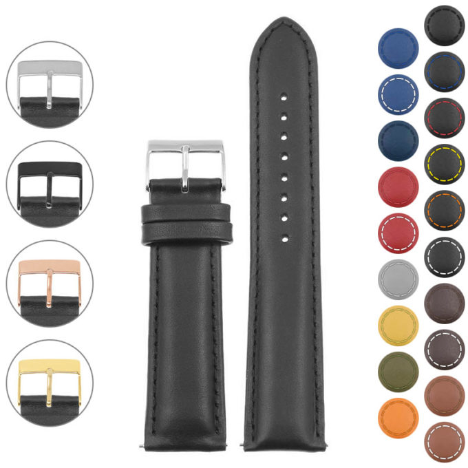 St18.1.1.ps Gallery Black (Polished Silver Buckle) Padded Smooth Leather Watch Band Strap